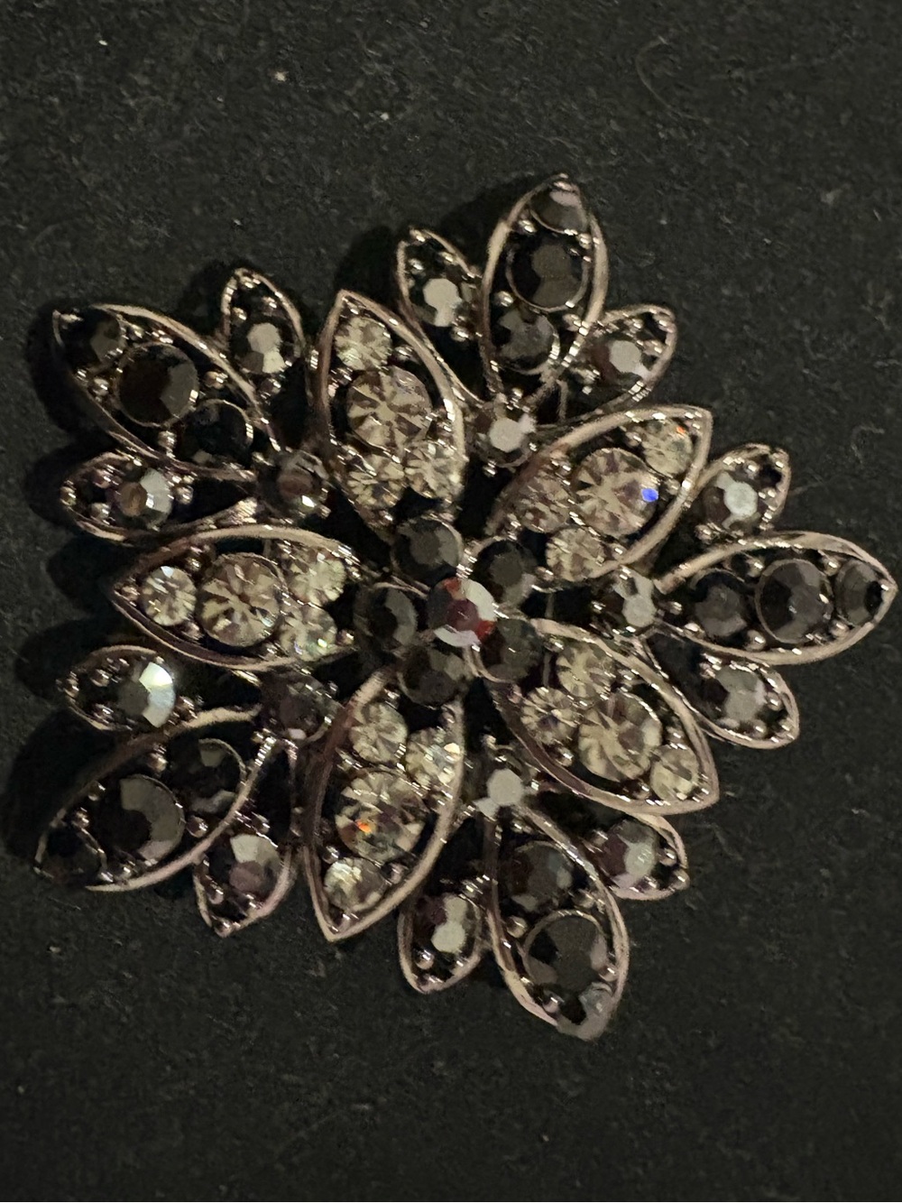 Vintage-Inspired Black and Silver Crystal Floral Brooch
